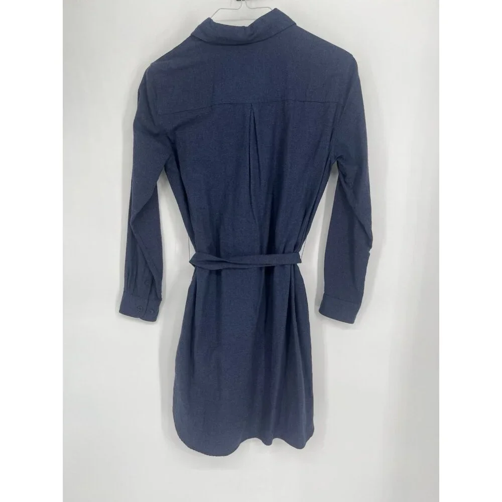 Grana Italian Flannel Button down long sleeve shirt dress w/ tie Belt Blue Small
